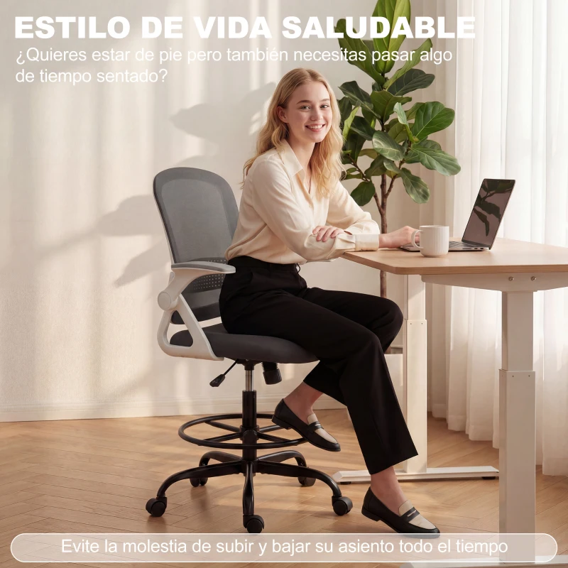 HOMCOM Silla de Escritorio de Malla Silla de Dibujo con Reposabrazos Abatibles Altura Ajustable Reposapiés Gris