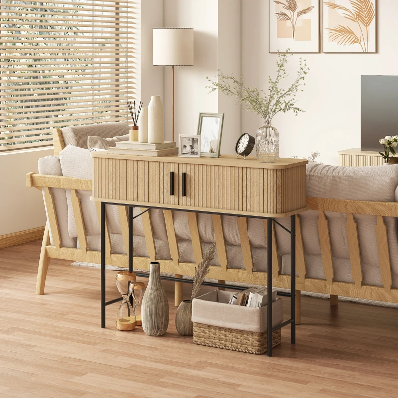 HOMCOM Console meuble, table console avec portes coulissantes à lattes et pieds en acier, pour salon, chêne et noir