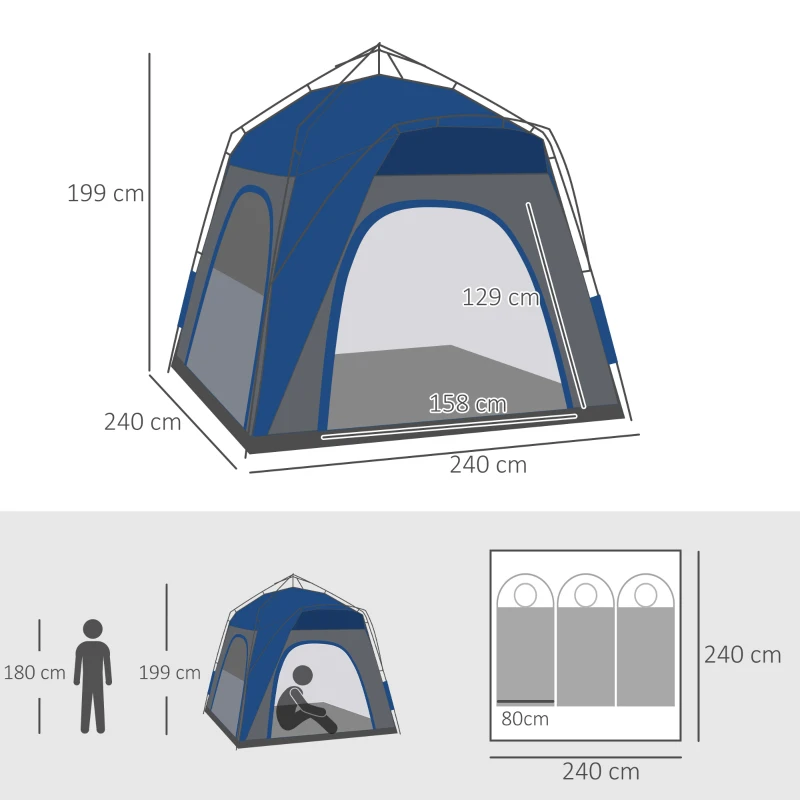 Outsunny Tente de camping, tente pop up dôme familiale 4 personnes, avec 4 portes 4 fenêtres sac de transport inclus pour le camping randonnée bleu gris
