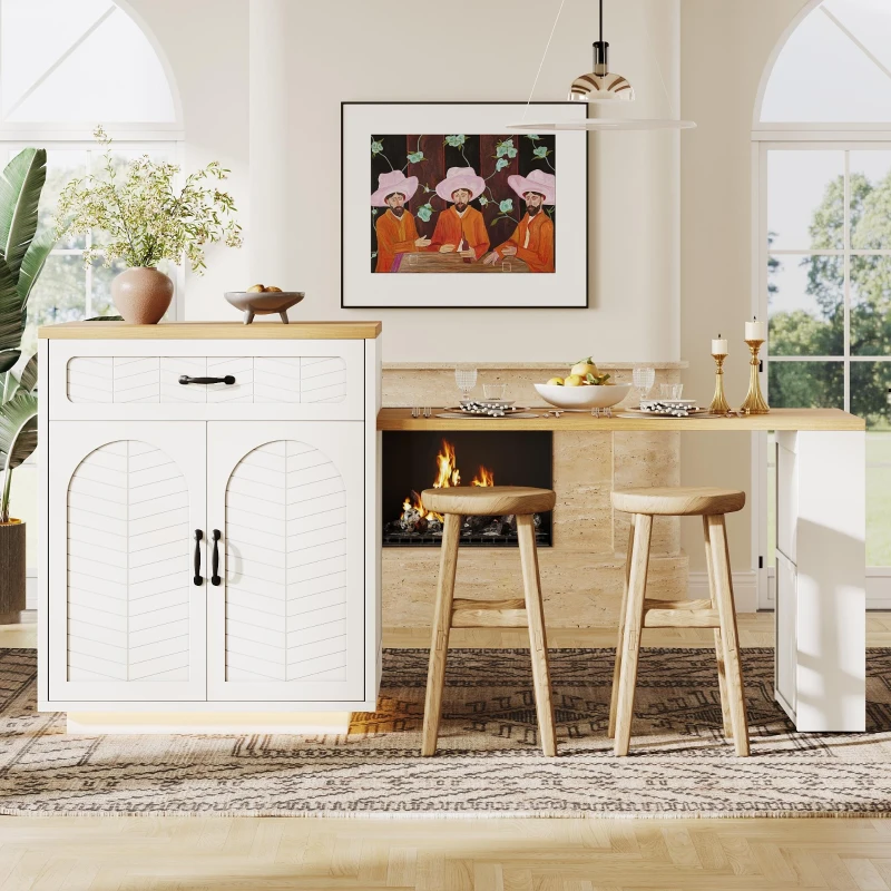 Extendable Kitchen Island with Built-In Wine Rack, Multifunctional Storage Cabinet with Dining Table, 141-193.5L x 70W x 101.5H cm, White