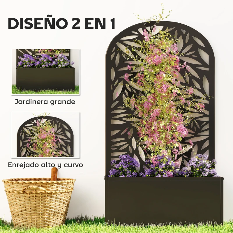 Outsunny Jardinera con Pantalla de Privacidad Curva de Hojas de Metal y Opción de Montaje en Pared 61x23x113 cm Negro