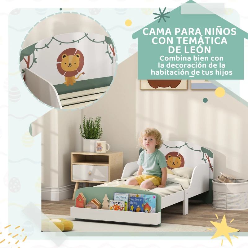 AIYAPLAY Cama infantil para Niños de +3 Años 70x140 cm de Madera con Almacenaje y Dibujo de León para Dormitorio Verde