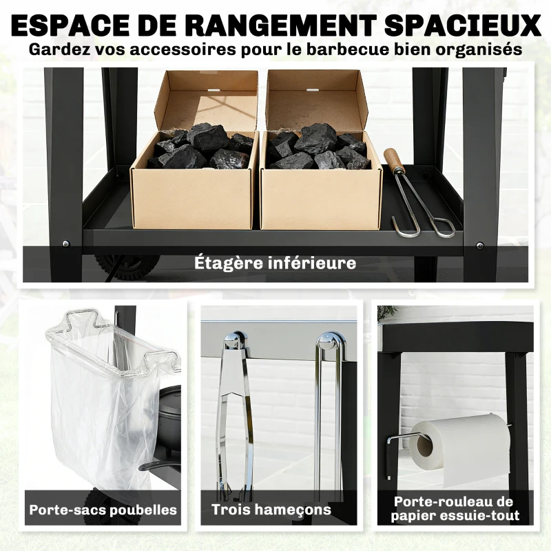 Outsunny Desserte Jardin 2 Niveaux Plateau en Inox avec Table Latérale Pliable et Roulettes, 115x67,5x80,5cm, Noir
