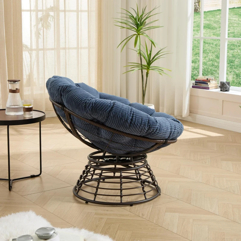 Poltrona Papasan, girevole a 360°, cuscino spesso(tessuto a coste), struttura in acciaio, 92x92x67 cm, Blu marino