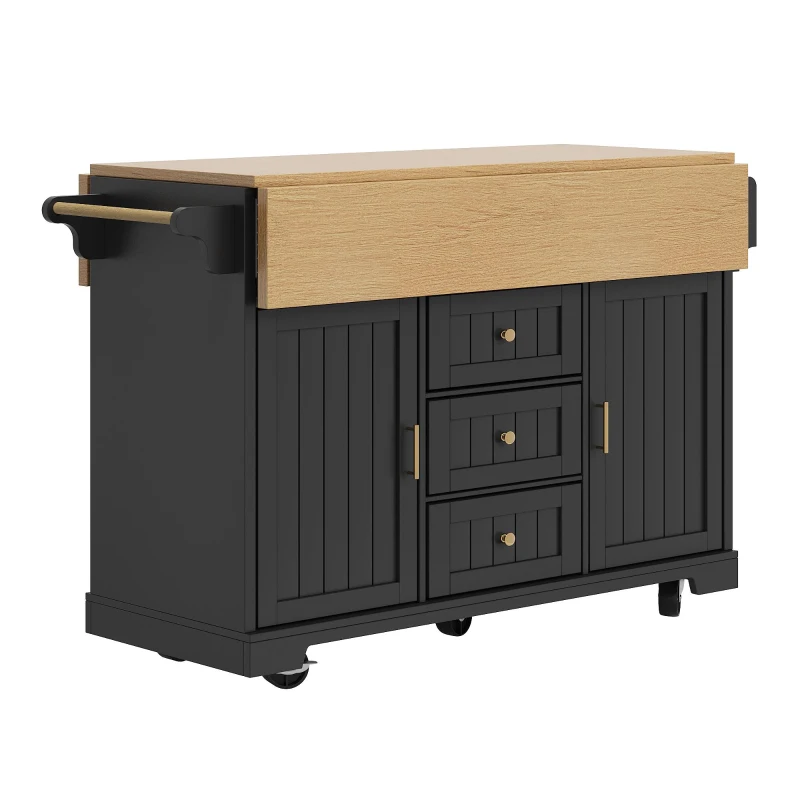 Extendable Kitchen Island with 3 Drawers and Adjustable Shelves, Trolley Cabinet with Double-Sided Drop-Leaf, 120L x 40-80W x 95H cm, Black