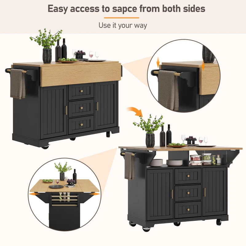 Extendable Kitchen Island with 3 Drawers and Adjustable Shelves, Trolley Cabinet with Double-Sided Drop-Leaf, 120L x 40-80W x 95H cm, Black