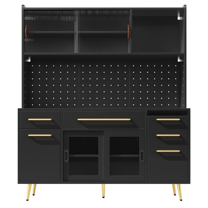 Modern Sideboard with App-Controlled LED Lighting and Music Mode, Tall Cabinet for Kitchen and Living Room, 145L x 39W x 171H cm, Black