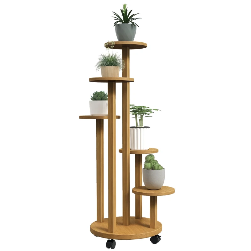 Outsunny Soporte para Plantas de Bambú con Ruedas de 5 Niveles Estantería Redonda para Plantas para Esquina 33x33x90 cm Natural