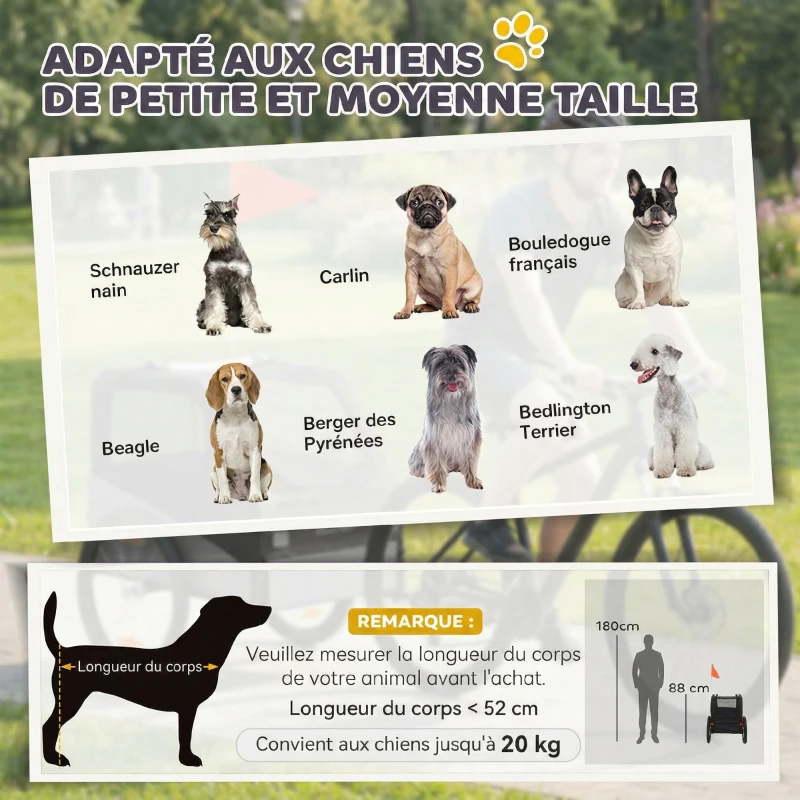 PawHut Remorque Vélo Chien avec Pneus 20", Attache Universelle, Réflecteurs, Drapeau, Laisse, 139x72x88cm, Gris et Noir