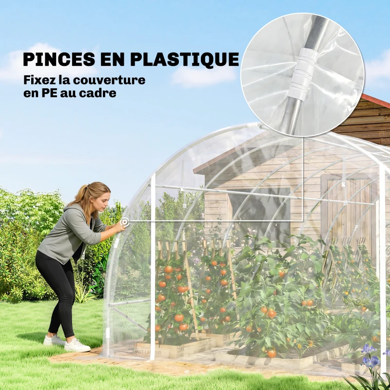 Outsunny Serre tunnel de jardin 18m² serre de jardin tunnel 296x597x199cm cadre acier galvanisé, bâche PE 150g/m² transparent