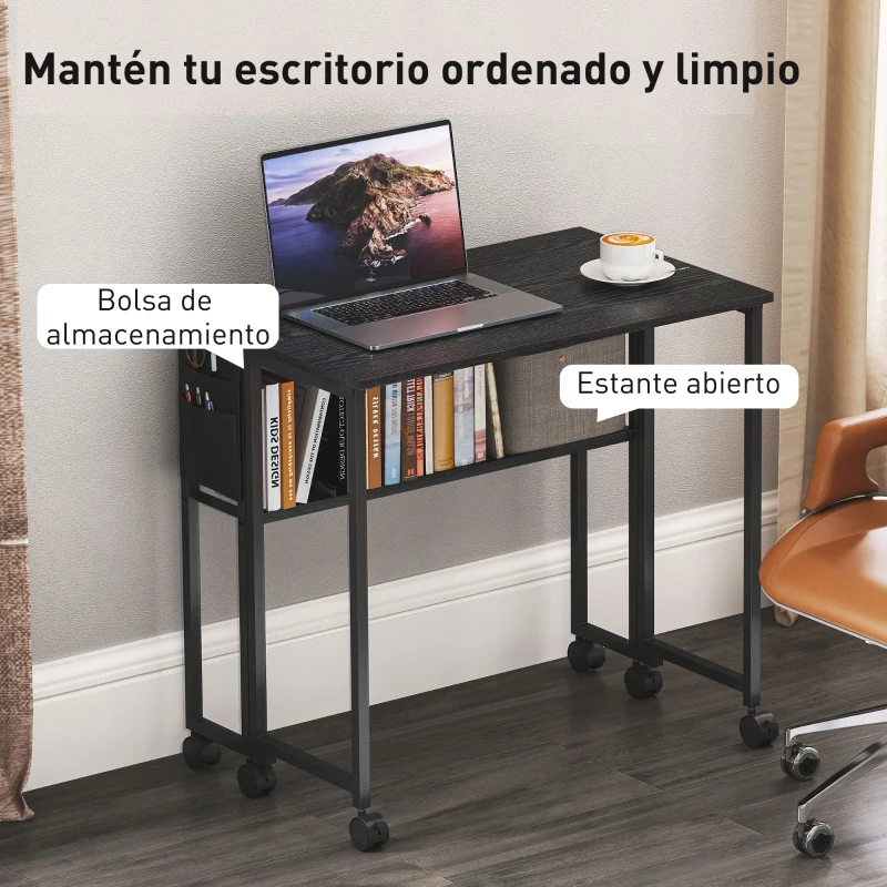 HOMCOM Escritorio Plegable con Ruedas Balda y Bolsillo de Almacenaje Ideal para Espacios Pequeños 80x50x75 cm Negro