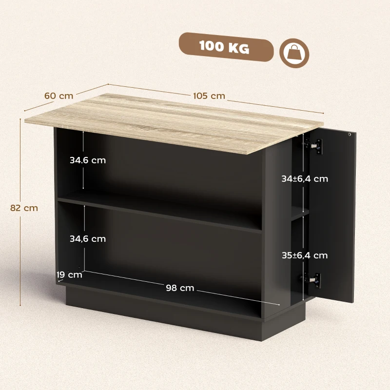 HOMCOM Desserte îlot de cuisine étagère réglable 2 compartiments ouverts 2 placards plan de travail effet bois 105 x 60 cm noir