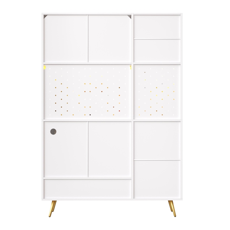 Tall Kitchen Cabinet with Built‑In Power Outlets & 2 USB Ports, Modern Sideboard with App-Controlled LED, 120L x 40W x 176H cm, White