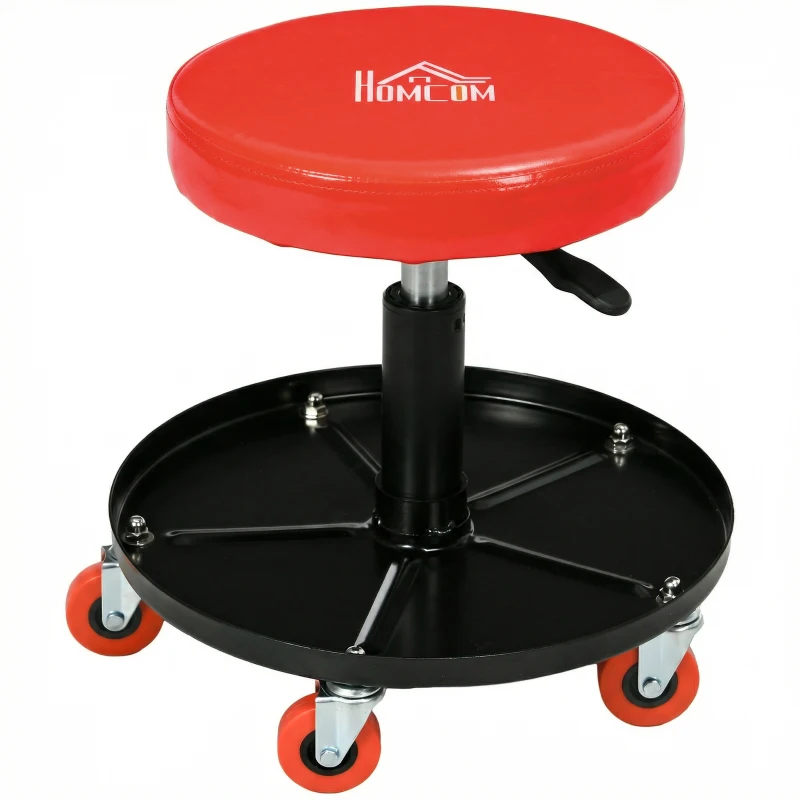 HOMCOM Rolling Mechanical Stool, Pneumatic Adjustable Workshop Stool with Tool Tray, Wheels - Orange
