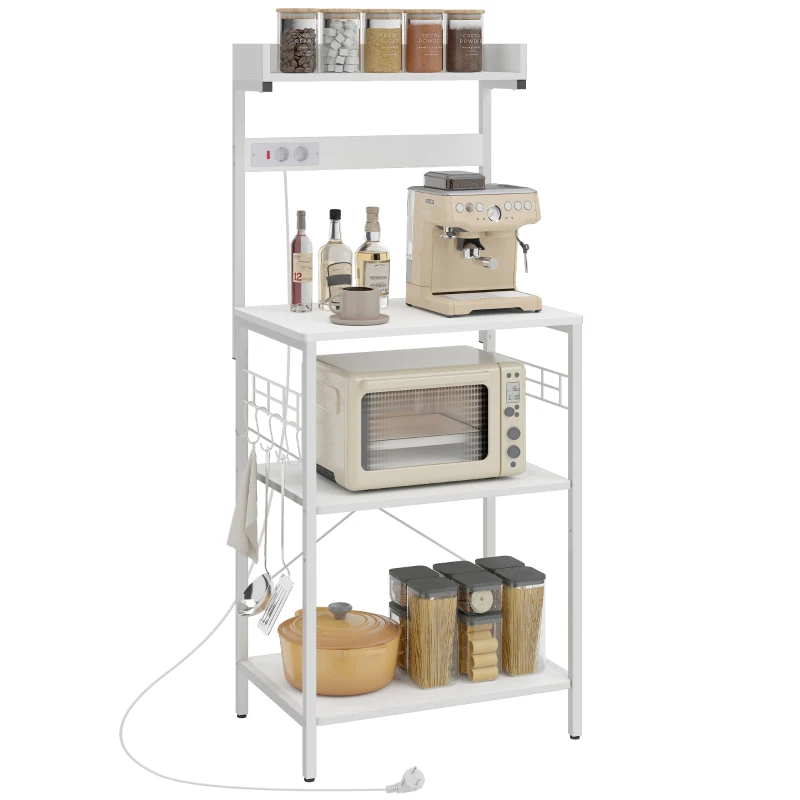 HOMCOM Estantería de Cocina con 2 Tomacorrientes Estante para Microondas Estante Ajustable Ganchos 60x42x137 cm Blanco