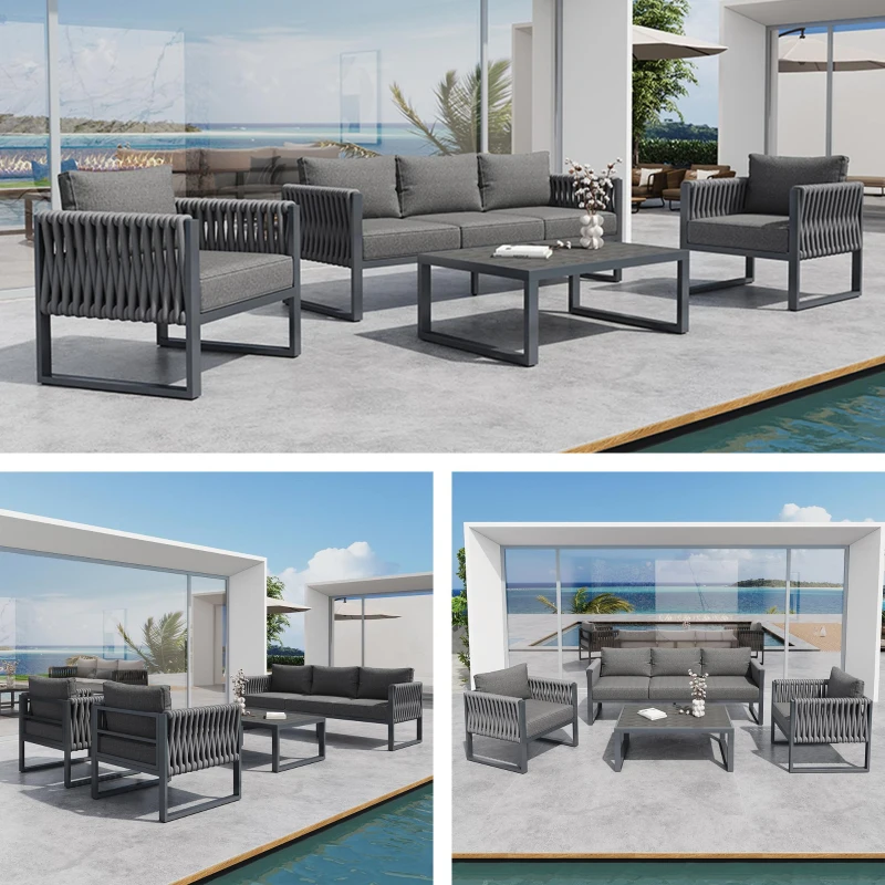 Stylish Garden Furniture Set with Galvanised Metal Frame, Comfortable Garden Sofa Set for 5 People, 167L x 61W x 63H, Gray