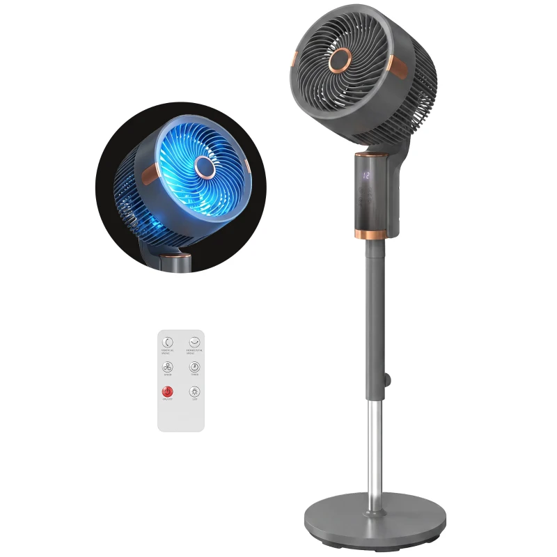 HOMCOM 20 dB Silent Standing Fan for Bedroom, 44" Pedestal Fan with 90° Oscillating, 8 Speeds and LED Light, Grey