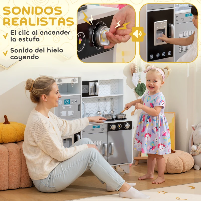 AIYAPLAY Cocina de Juguete de Madera con Sonido Accesorios de Acero Inoxidable para Niños a Partir de 3 Años Blanco