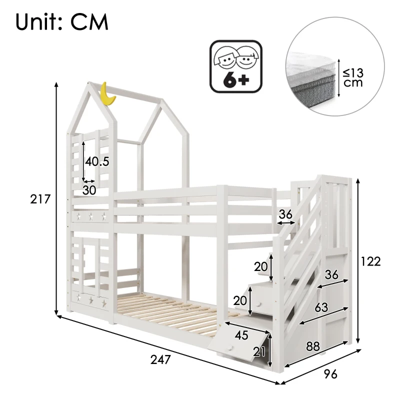 Cabin-Style Bunk Bed with Staircase Storage and Under-Bed Drawers, Stylish Bed Frame for Child's Room, 235L x 97W x 217H cm, White
