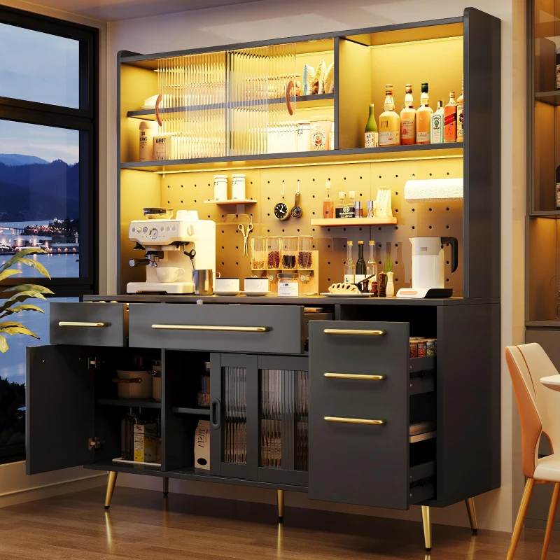 Modern Sideboard with App-Controlled LED Lighting and Music Mode, Tall Cabinet for Kitchen and Living Room, 145L x 39W x 171H cm, Black