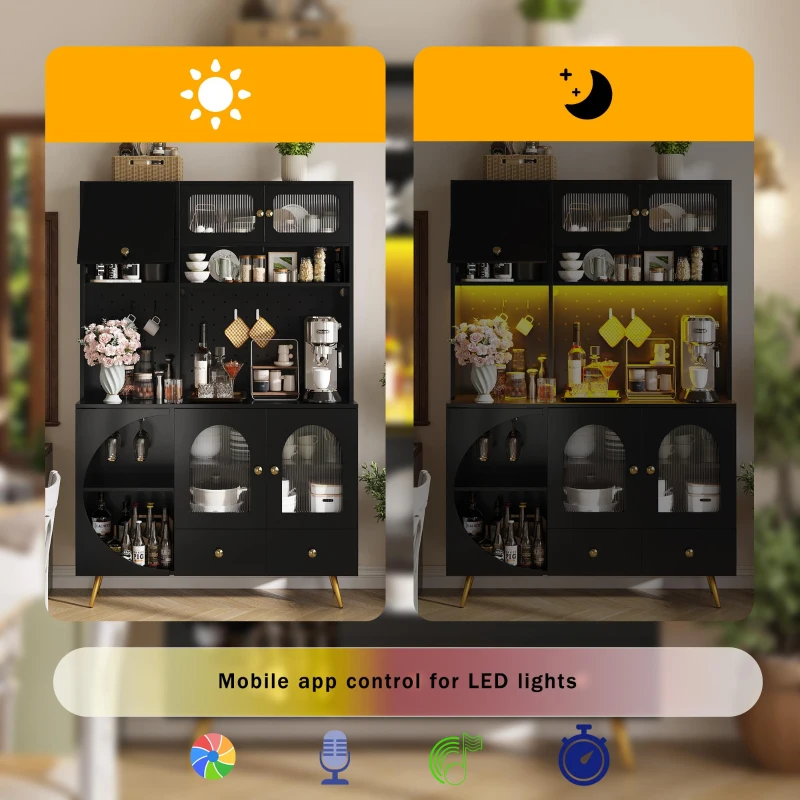 Tall Kitchen Cabinet with Built‑In Power Outlets & 2 USB Ports, Modern Sideboard with App-Controlled LED, 120L x 40W x 176H cm, Black