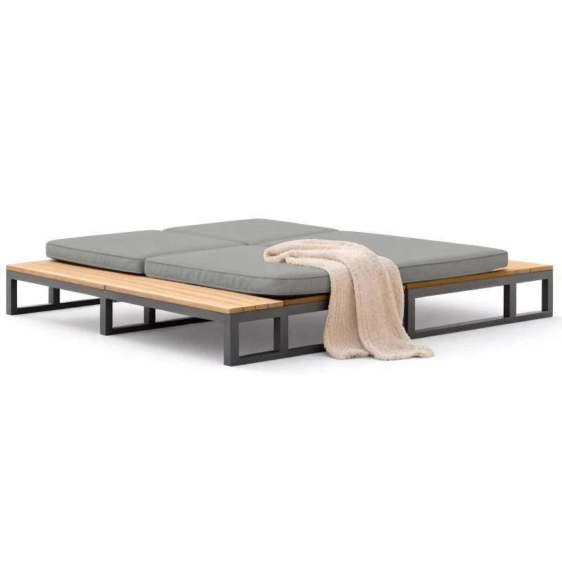 Outdoor Double Daybed with Adjustable Backrest and Thick Cushion, Multifunctional Waterproof Sofa Bed for Patio, 184L x 159W x 73H cm, Gray