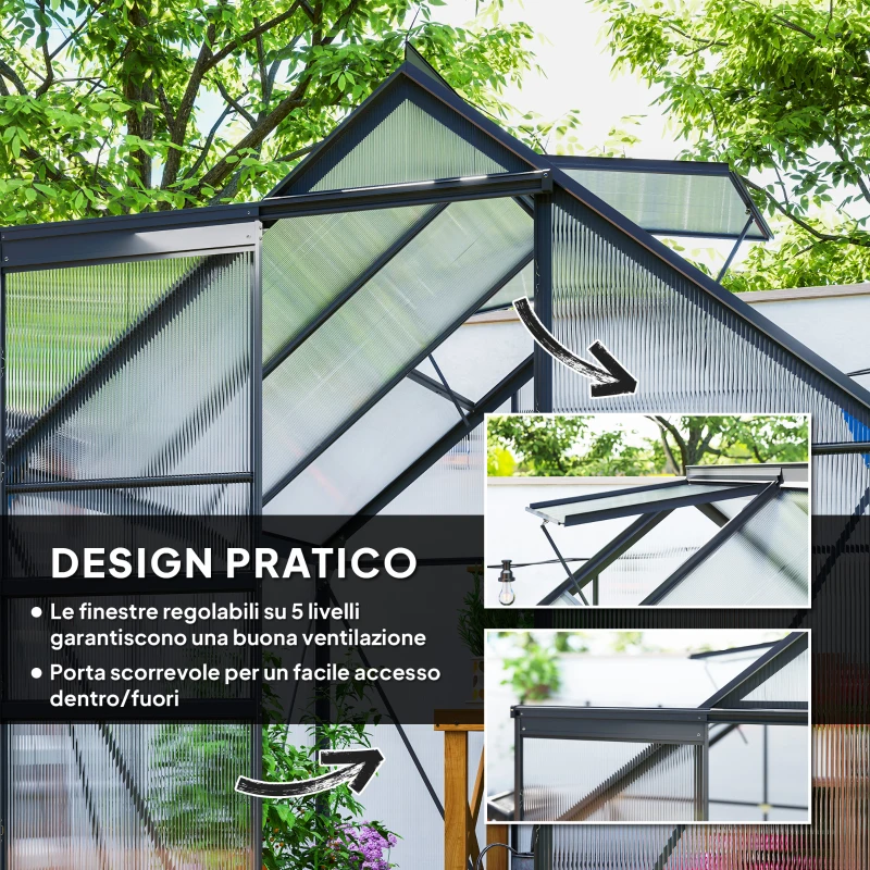 Outsunny Serra in Policarbonato e Alluminio con Porta a Battente e Finestra a Tetto, 3.6㎡, Grigio