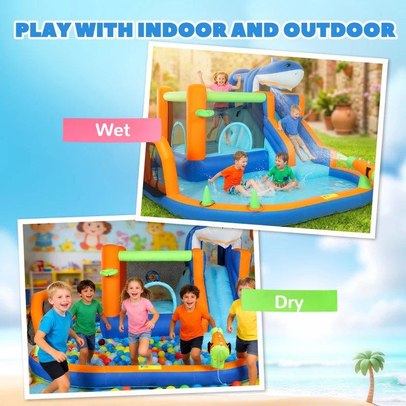 AIYAPLAY Inflatable Bouncy Castle for Kids, Sharks Theme Jumping Bounce House with Slide, Climbing Wall for Indoor Outdoor