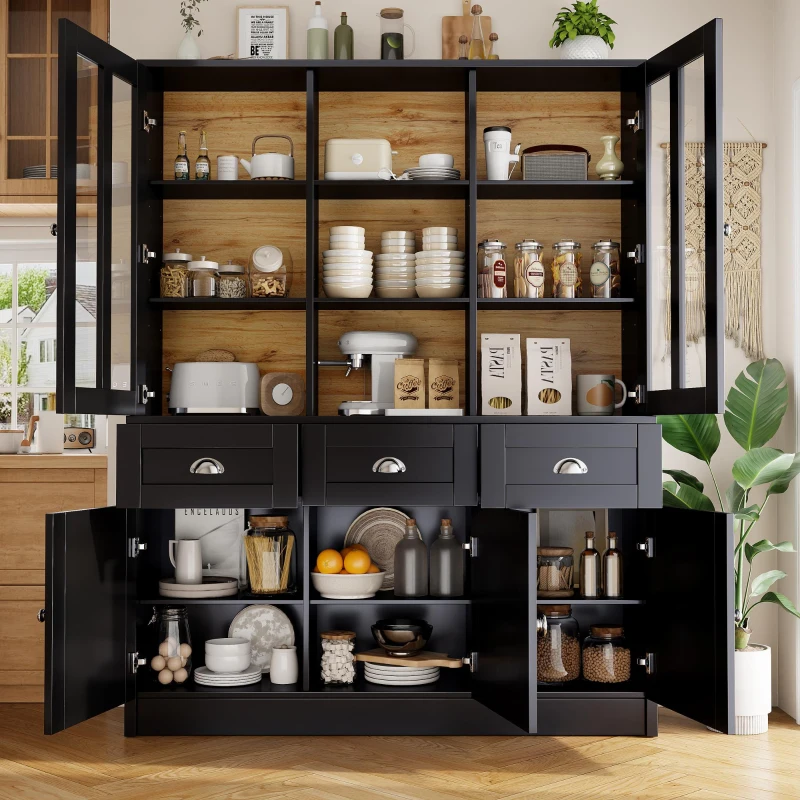 Freestanding Display Cabinet with Adjustable Shelves & Soft-Close Hinges, Tall Sideboard for Living Area, 140L x 38.5W x 175H cm, Black
