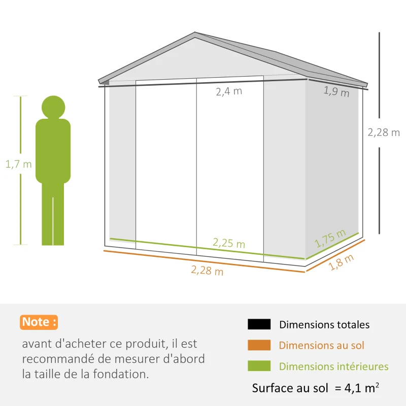 Outsunny Abri de jardin en résine 4,56 m² avec kit de fondation galvanisé structure en aluminium 240 x 190 x 228 cm gris foncé(m-3)