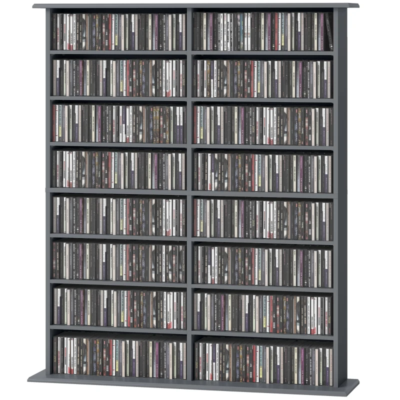 HOMCOM CD- und DVD-Aufbewahrung mit 16 Fächern und 12 verstellbaren Einlegeböden, max. Kapazität 720 CD/396 DVD und Blu-ray, grau