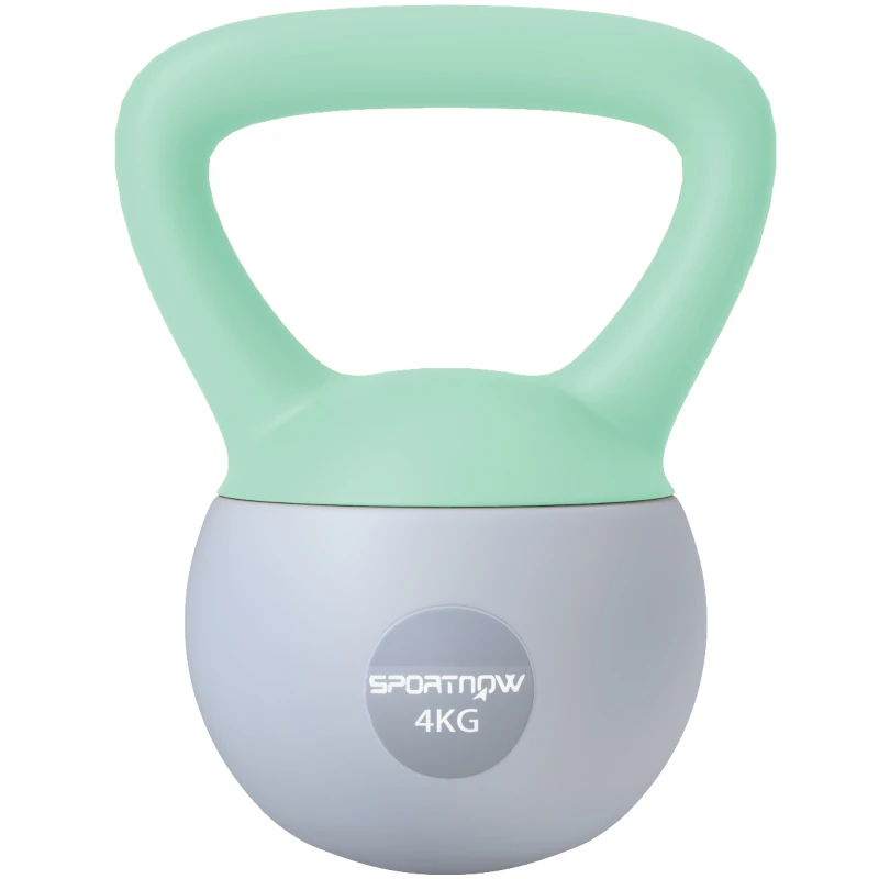SPORTNOW Pesa Rusa 4 kg Kettlebell Relleno de Arena Metálica y Mango Antideslizante para Entreno en Casa 19x15x25 cm Verde y Gris