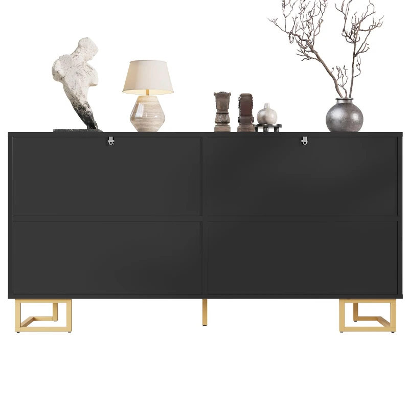 Stylish Sideboard with 2 Doors, 4 Shelves and Geometric Door Design, Durable Cabinet with Slim Metal Feet, 152L x 40W x 75H cm, Black