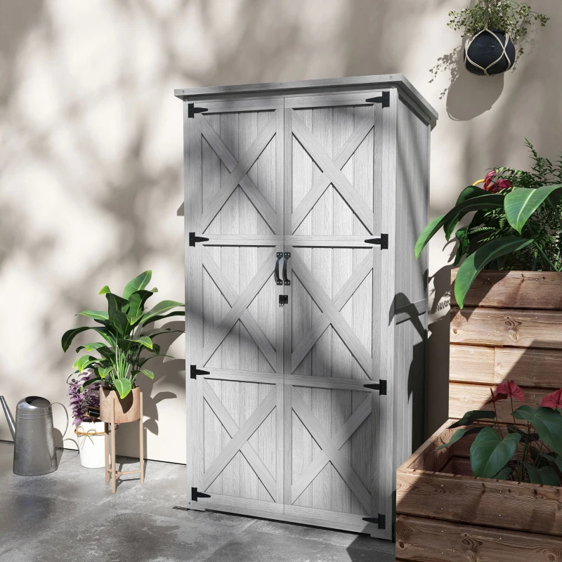 Outsunny Armoire de jardin, abri jardin sur pied, avec 2 étagères, toit incliné et bitumé, en bois massif, 90x54,5x168,5cm, gris
