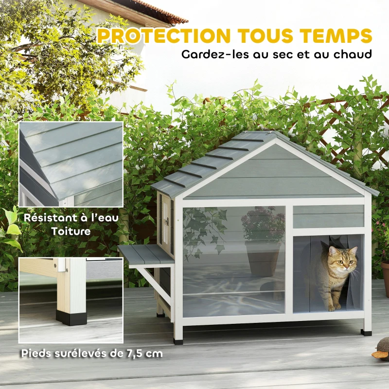 PawHut Maison pour Chat Extérieur Toit Ouvrant Fenêtre Panoramique Porte à Lamelles et Plateforme de Repos 101x72,5x81cm Gris