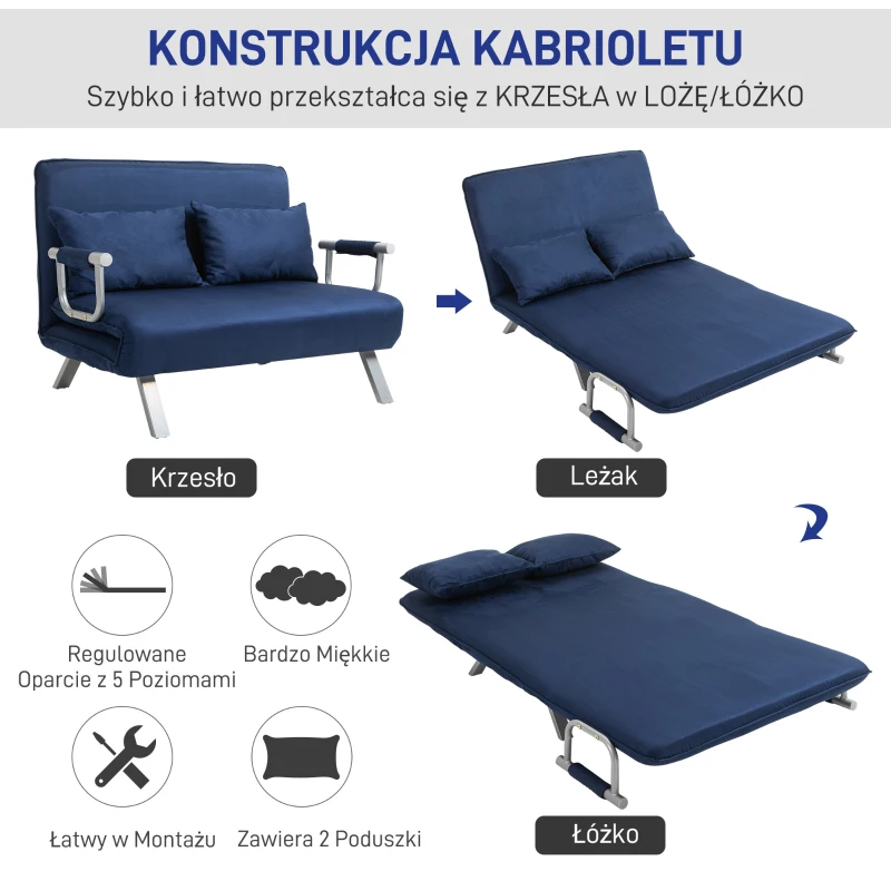 HOMCOM Sofa do Spania, 5-stopniowa Regulacja, Imitacja Zamszu, Rama Metalowa, w zestawie Poduszki, Granatowa(m-4)