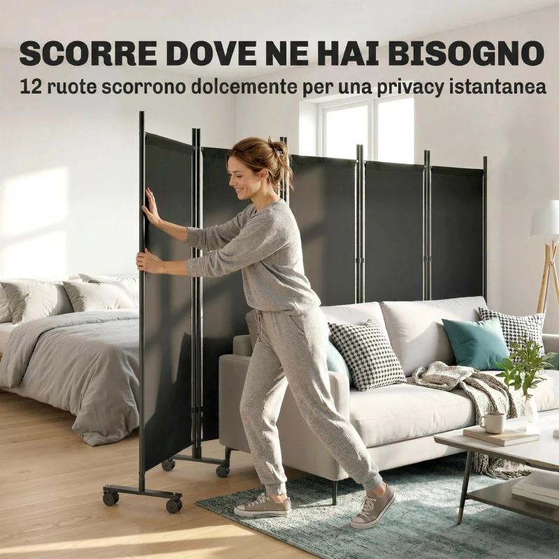 Outsunny Divisorio Decorativo da Interno a 5 Pannelli in Acciaio con 12 Ruote, 252x40x170 cm, Nero