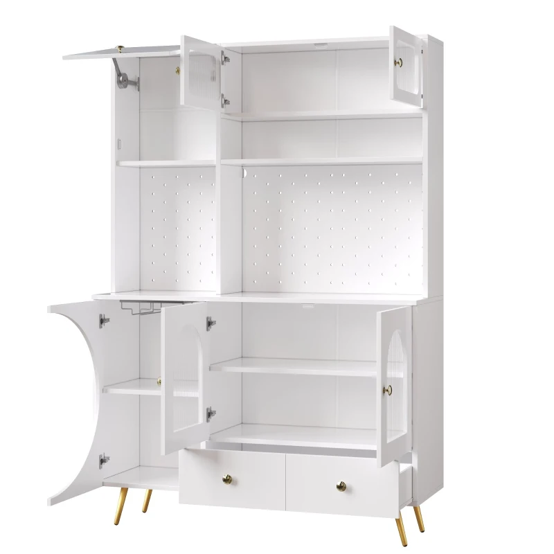 Tall Kitchen Cabinet with Built‑In Power Outlets & 2 USB Ports, Modern Sideboard with App-Controlled LED, 120L x 40W x 176H cm, White