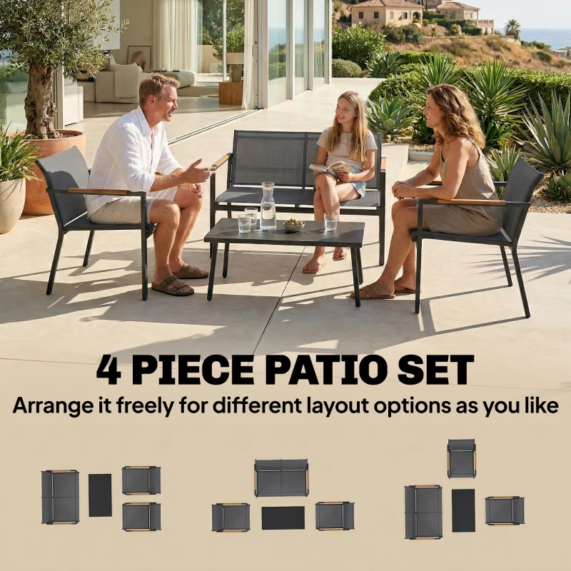 Outsunny 4 Seater Garden Furniture Set with Loveseat, Armchairs, Table, Metal Garden Sofa Set with Breathable Seats, Grey