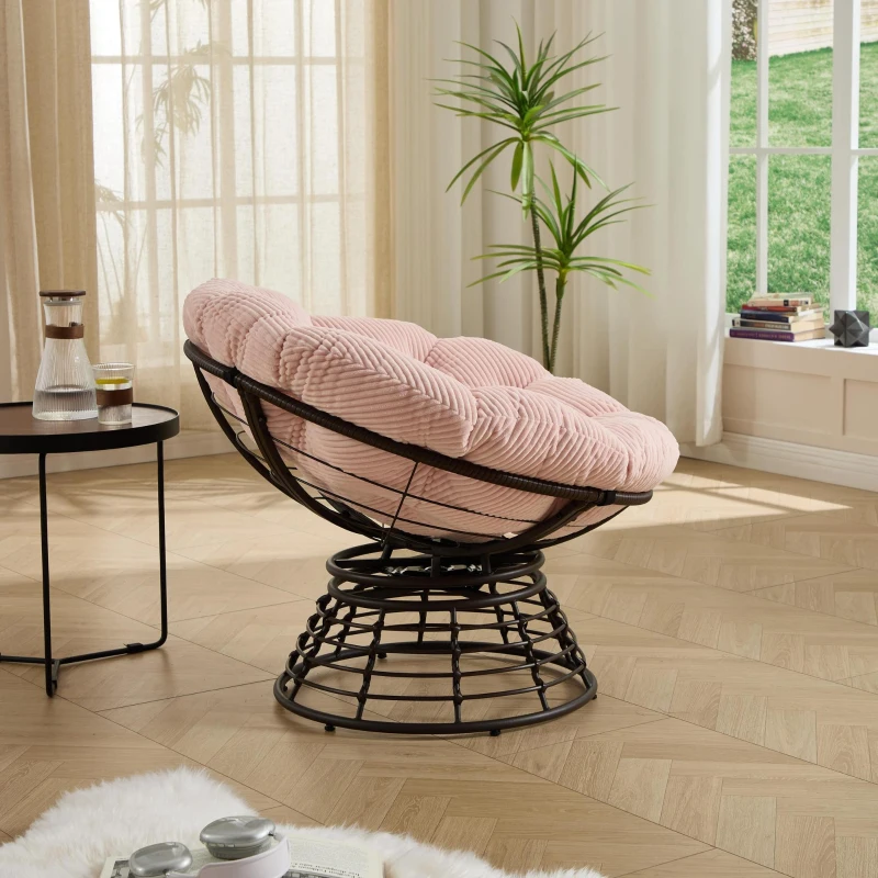 Poltrona Papasan, girevole a 360°, cuscino spesso(tessuto a coste), struttura in acciaio, 92x92x67 cm, Rosa