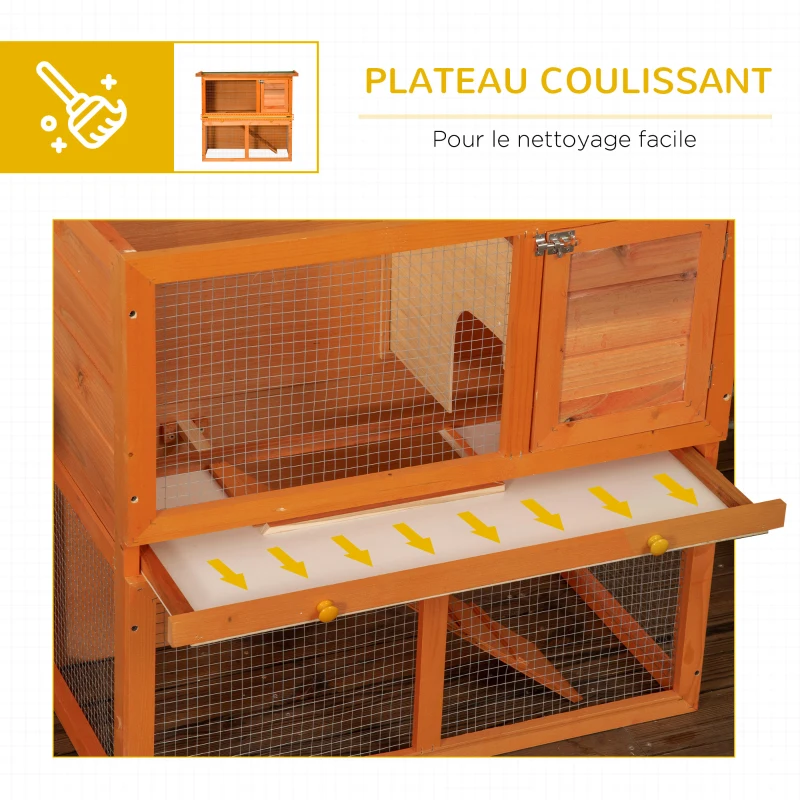 PawHut Clapier à lapin cage à lapin 2 étages plateau coulissant rampe et toit ouvrant 90L x 45l x 80H cm