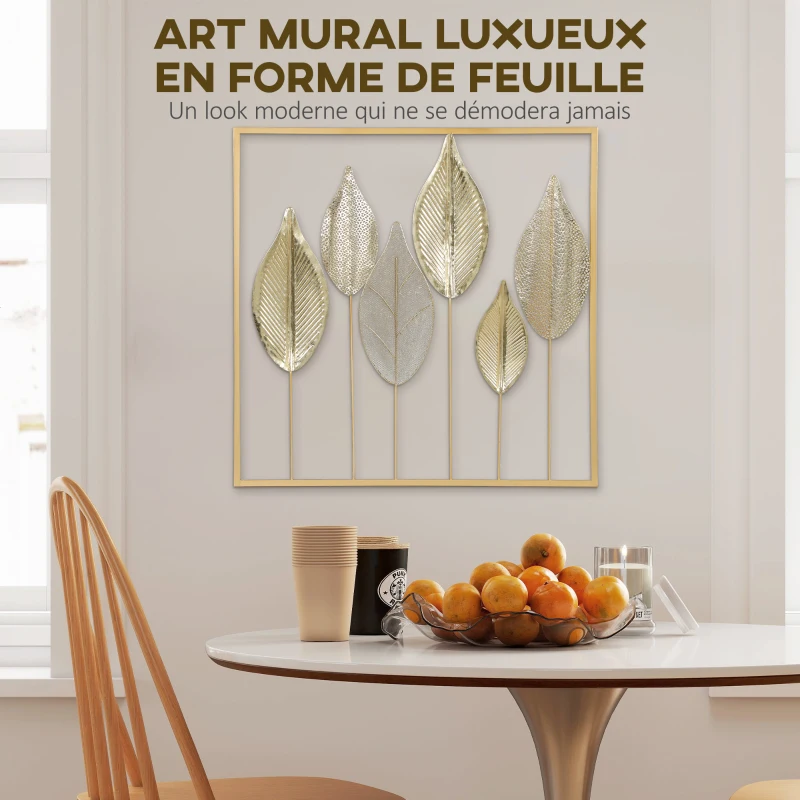 HOMCOM Décoration murale en métal moderne, sculpture murale en métal en forme de feuille, 70 x 70 cm, doré