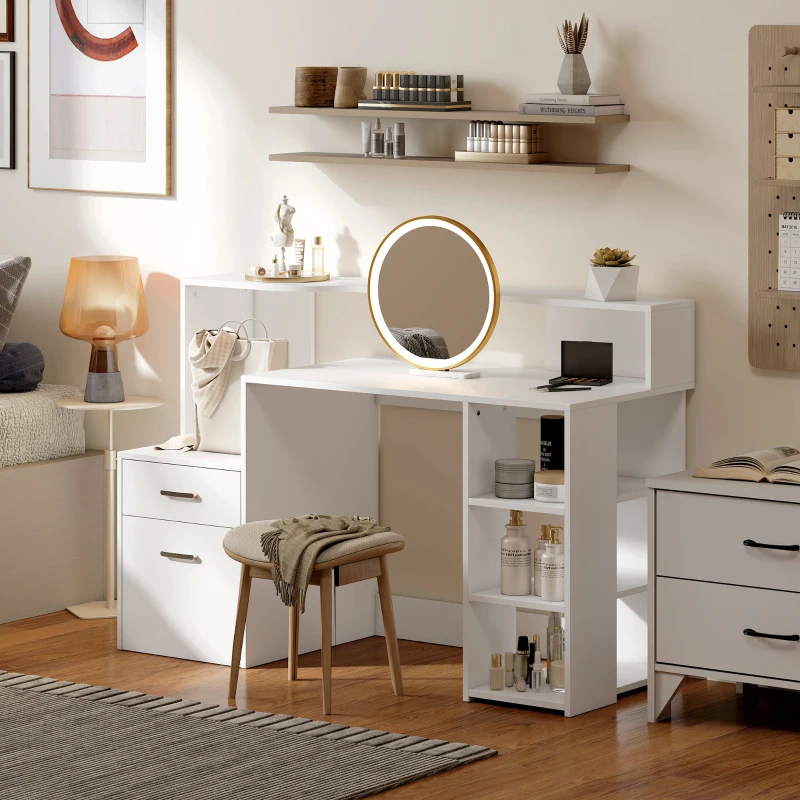 HOMCOM Bureau informatique, bureau avec rangement, 2 tiroirs, étagères ouvertes et tablette d'imprimante, 137x55x92cm, blanc