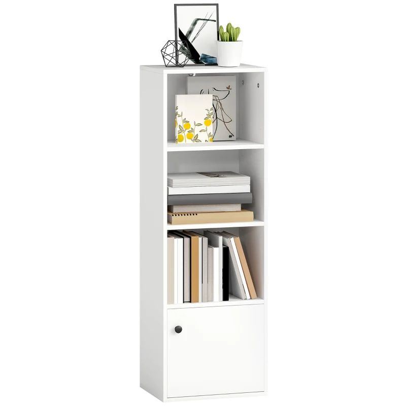 HOMCOM Librería de 4 Niveles Estantería para Libros Moderna con Estantes Abiertos y Puerta 40x30x120 cm Blanco
