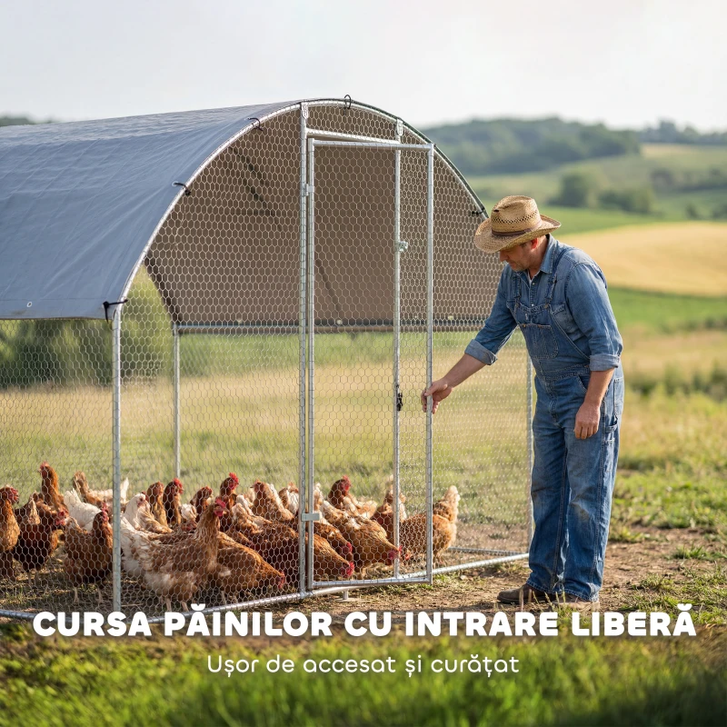 PawHut Adăpost și Țarc pentru Găini de Exterior, din Oțel, 2,8x1,7x1,9m, Argintiu