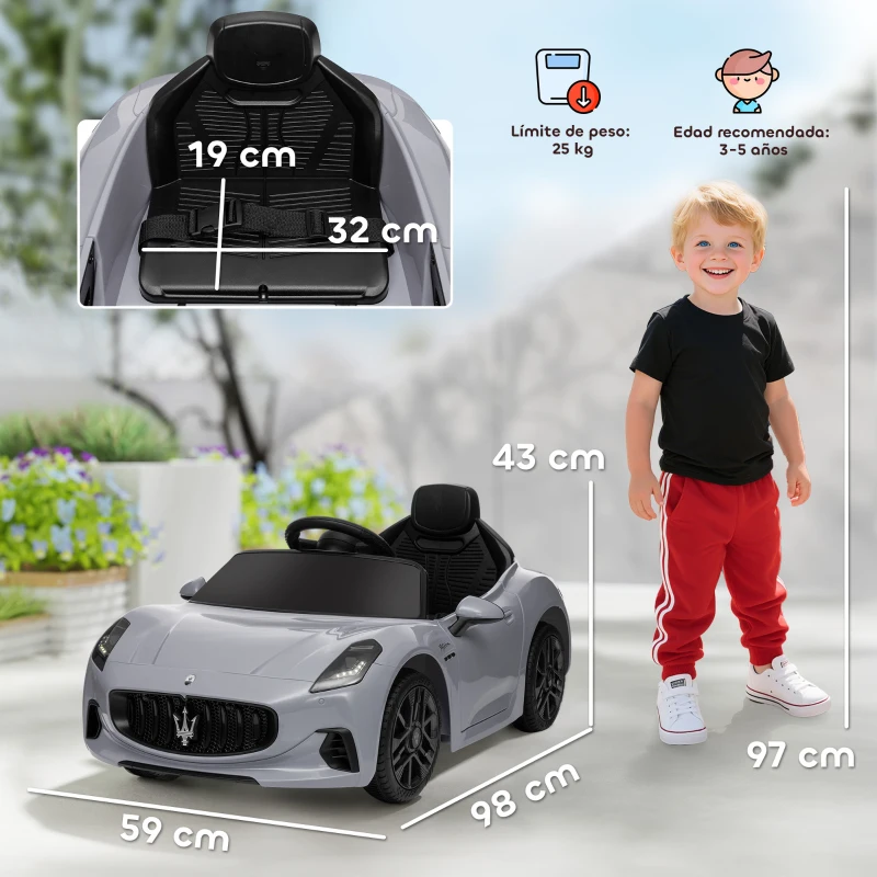 AIYAPLAY Coche Eléctrico Infantil Maserati Gran Turismo Folgore con Batería 12V Mando a Distancia Faros Bocina Música MP3 Gris