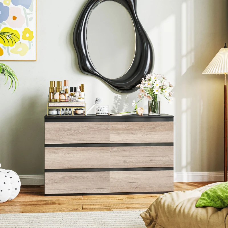 HOMCOM Commode 6 tiroirs meuble de rangement sans poignées design minimaliste 120 x 39 x 75 cm noir et bois naturel