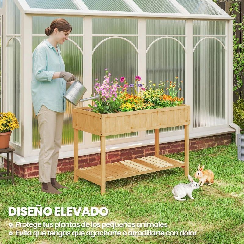 Outsunny Huerto Urbano de Madera Mesa de Cultivo con Estante Inferior Jardinera Elevada para Cultivo 110x46x76 cm Natural