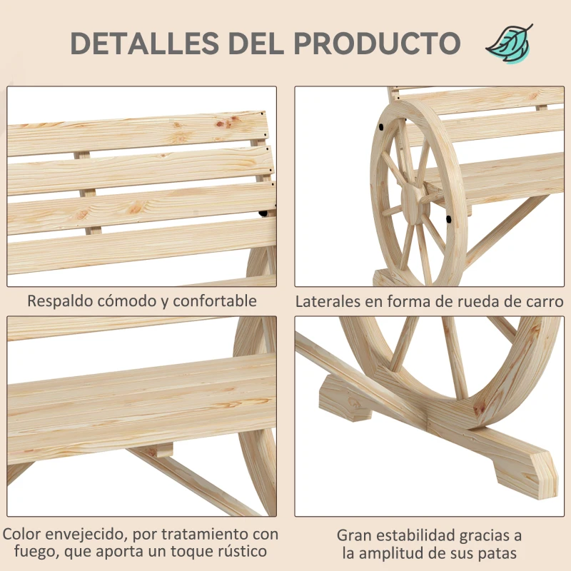 Outsunny Banco de Jardín de Madera con Reposabrazos en Forma de Rueda para 2 Personas 105,5x56x79 cm Madera Natural