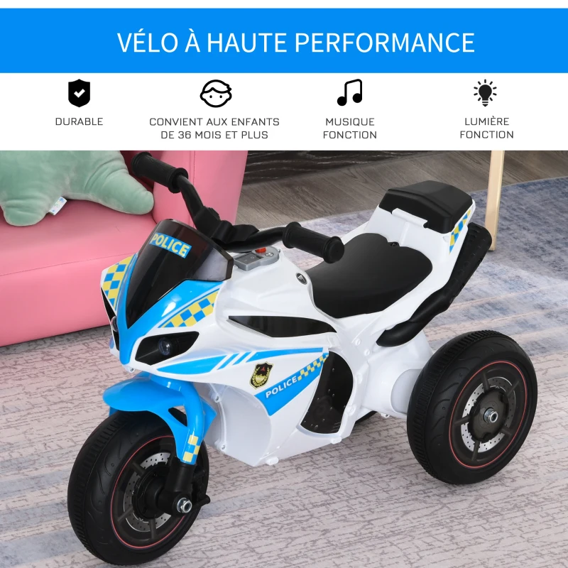 HOMCOM Porteur Enfants Moto de Course Effets musicaux et Lumineux Coffre Rangement Bleu Blanc